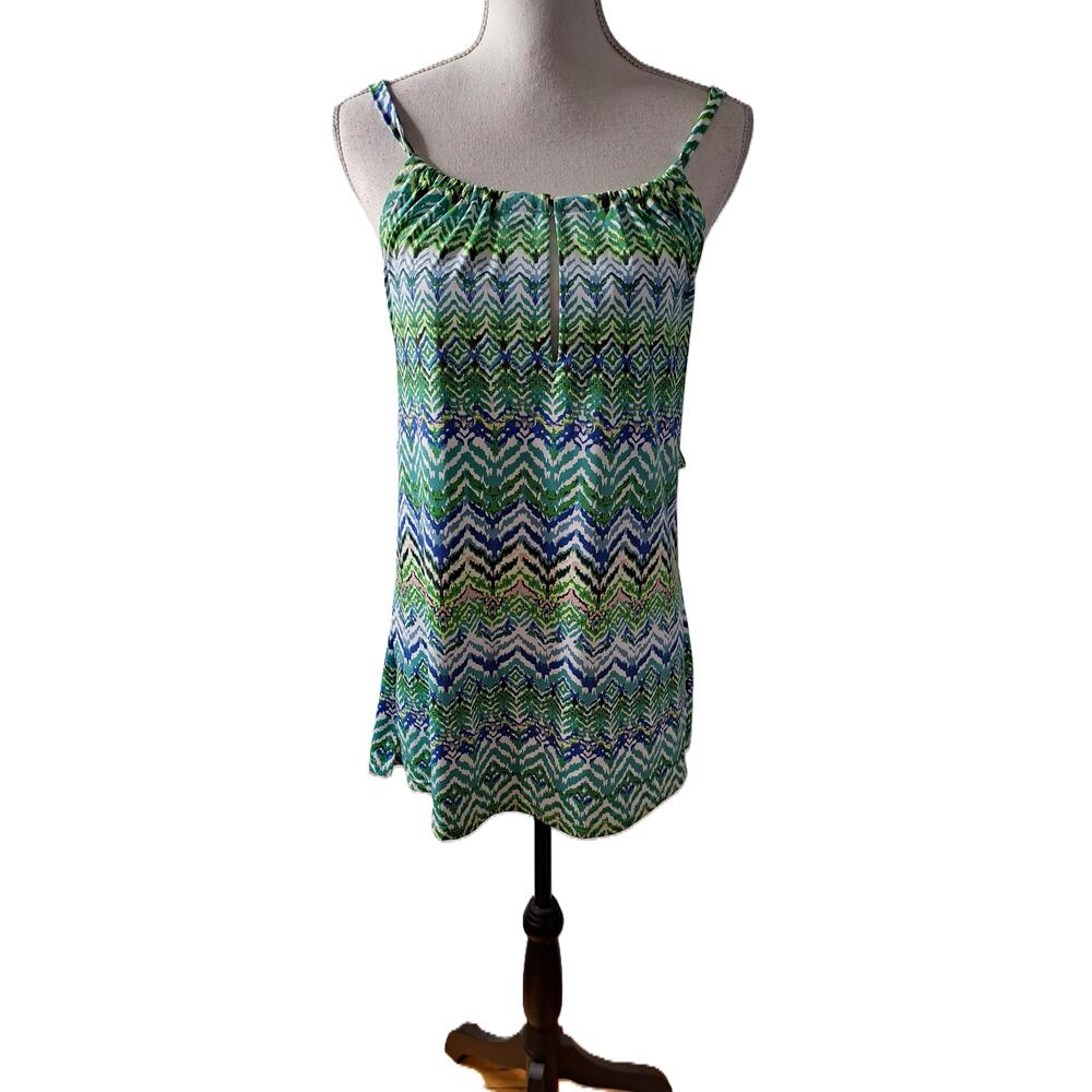 Ellie Kai Women Green Sleeveless Keyhole Printed Summer Tunic Blouse Top Size 12